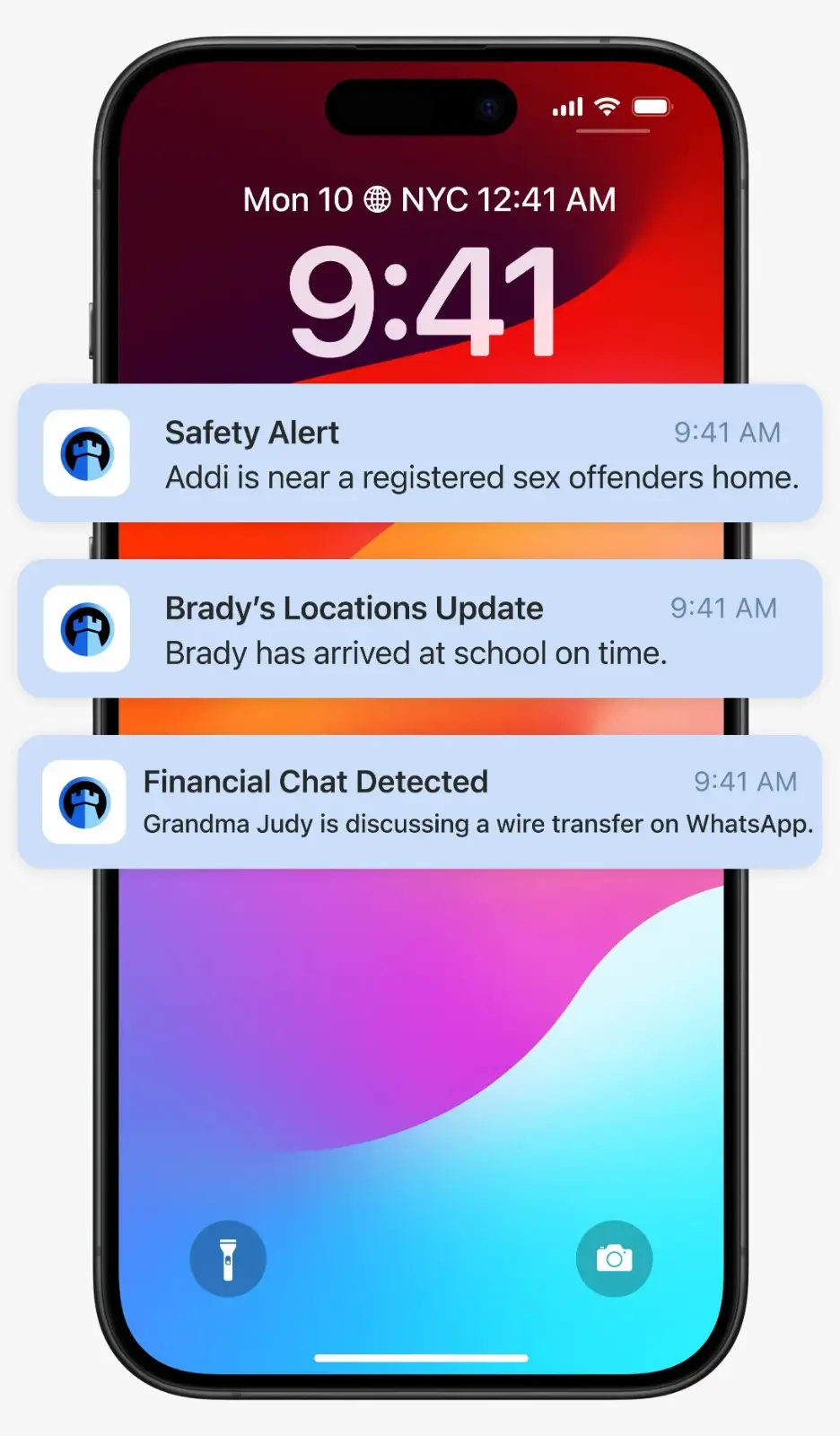 OneHaven phone screen showing a list of AI alerts about risky messages
