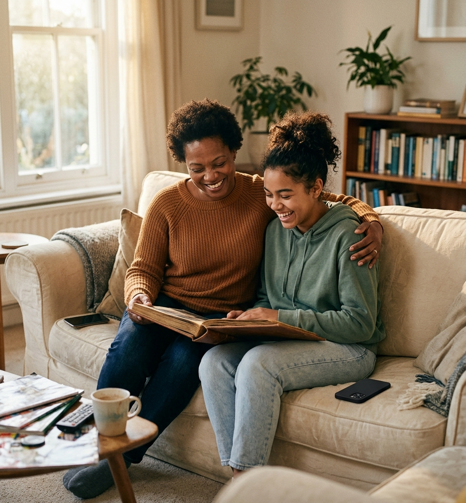 A mother and her teenage daughter laughing together on the couch over an old photo album, both of their phones set down and ignored