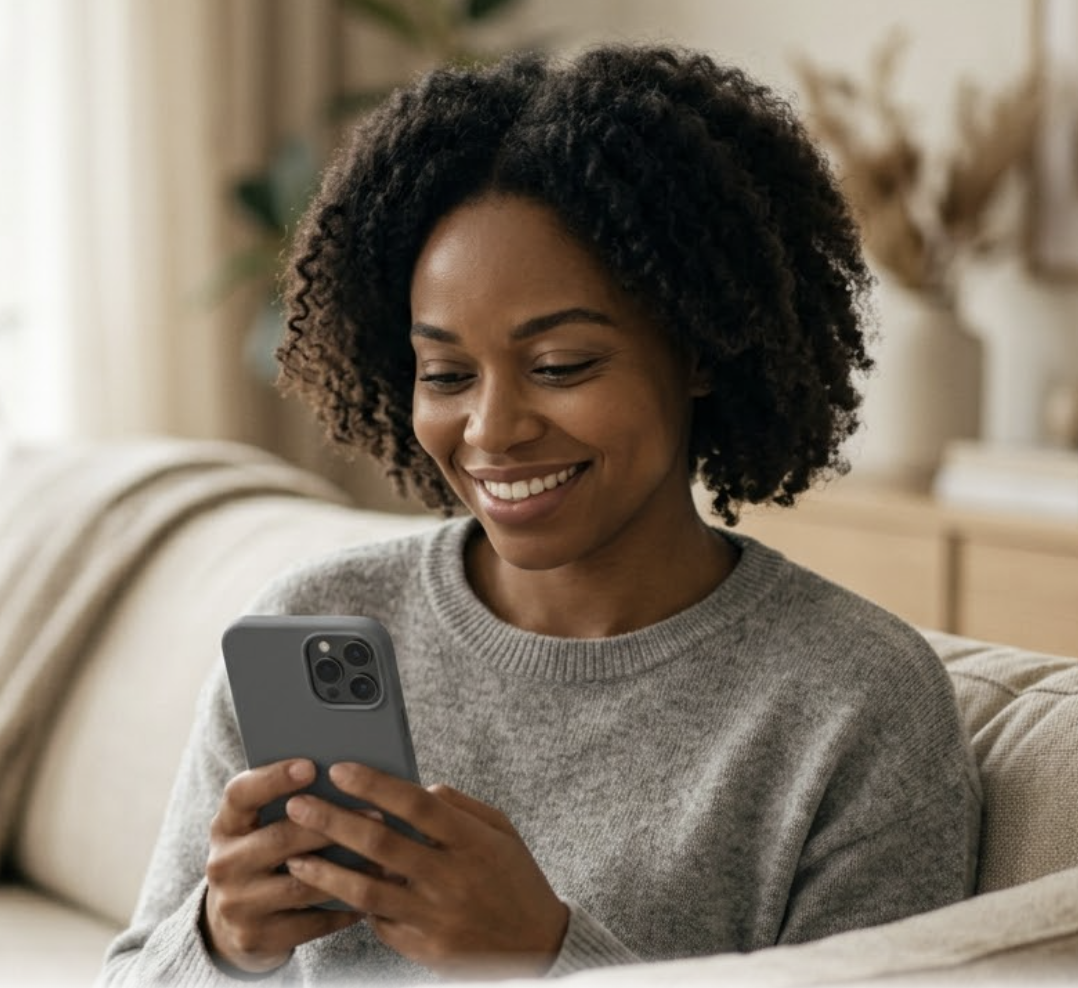 A woman sitting comfortably on her living room couch, smiling gently down at her phone, relaxed and unworried